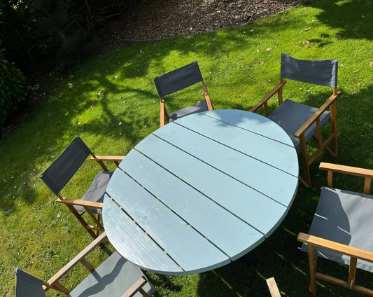 Ronde tuintafel Kaprun | vele maten mogelijk | Douglas hout in kleur | stalen matrix onderstel