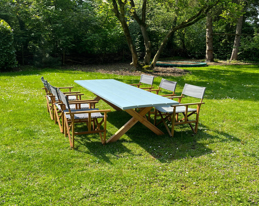 Rechthoekige tafel (220 x80) van Douglas hout | maatwerk mogelijk | in kleur zinkblauw | houten kruispoot